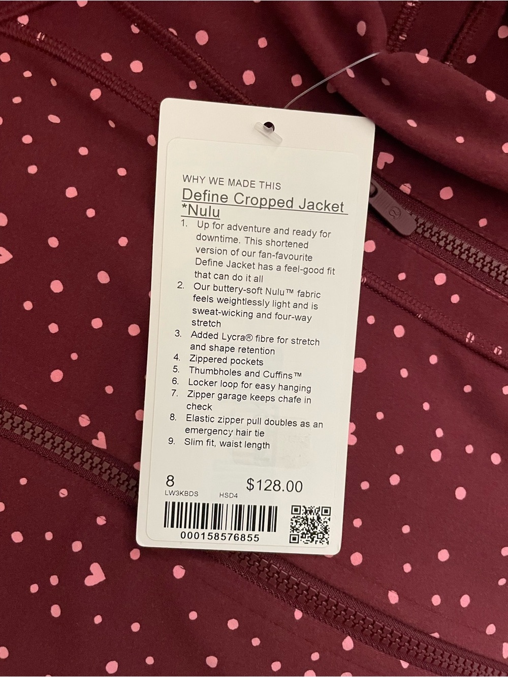 Lululemon NWT Define Cropped Nulu Fill Zip Jacket Heart Scatter Dot Print Size 8 - Picture 4 of 6